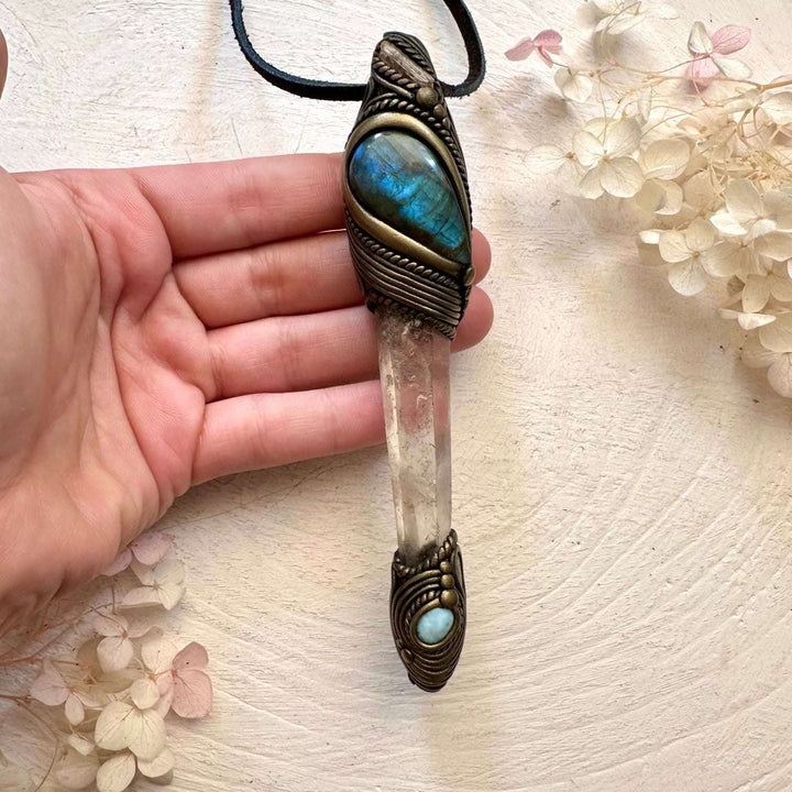 Lemurian Seed Quartz Labradorite Larimar and Imperial Topaz Crystal Wand / Pendant - FairyGardenGlow