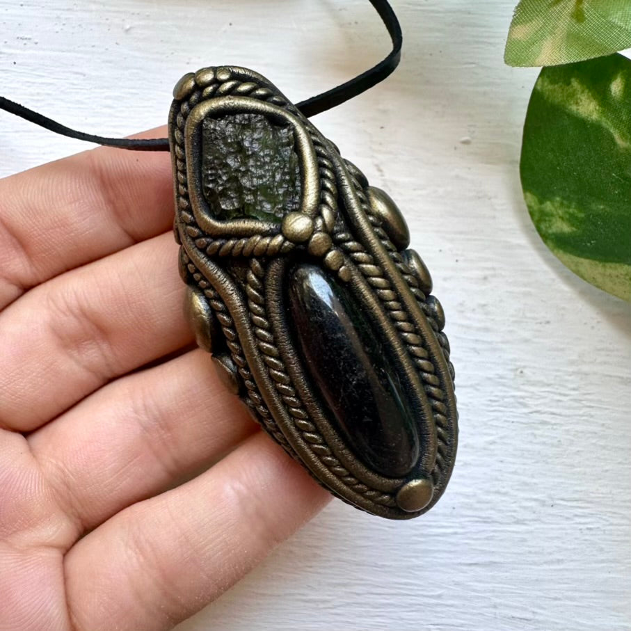 Black Tourmaline and Moldavite Necklace - FairyGardenGlow