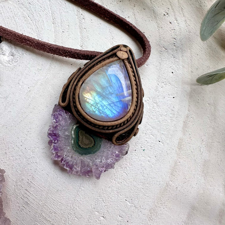 Amethyst stalactite paired with rainbow moonstone in a necklace