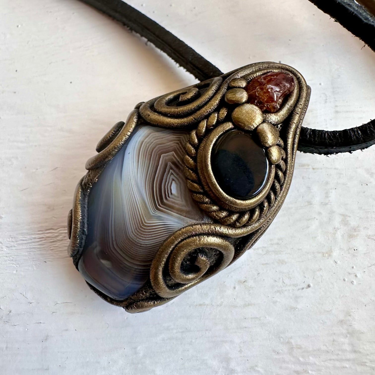 Botswana Agate Black Onyx and Hessonite Garnet Pendant Necklace - FairyGardenGlow