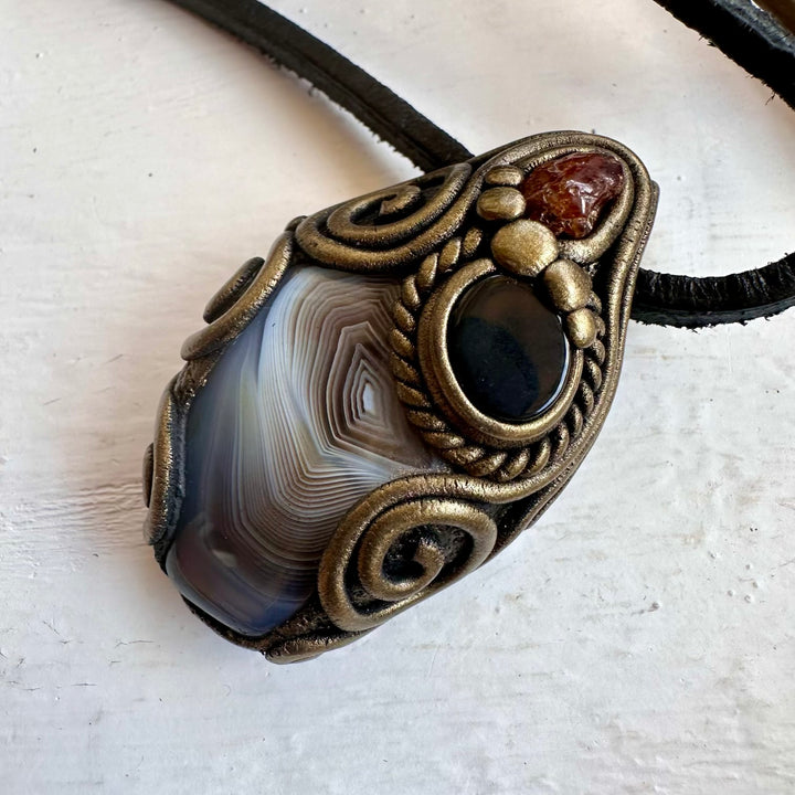 Botswana Agate Black Onyx and Hessonite Garnet Pendant Necklace - FairyGardenGlow