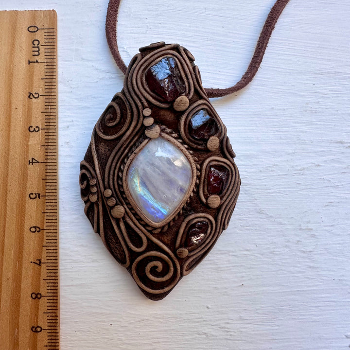 Rainbow Moonstone and Red Garnet Necklace - FairyGardenGlow