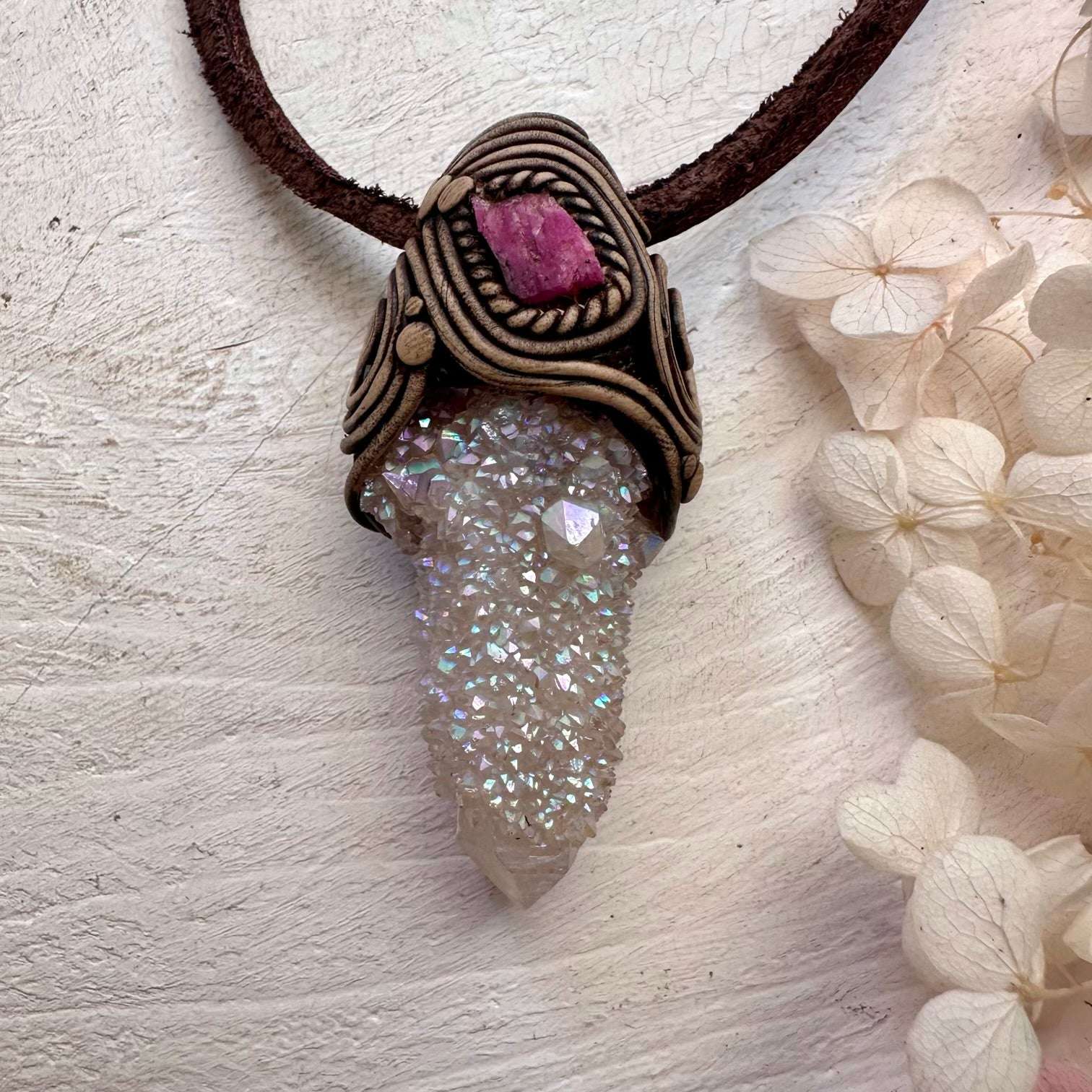 Angel Aura Spirit Quartz and Ruby Pendant Necklace - FairyGardenGlow