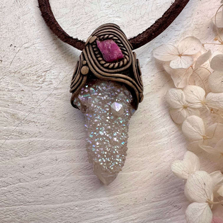 Angel Aura Spirit Quartz and Ruby Pendant Necklace - FairyGardenGlow