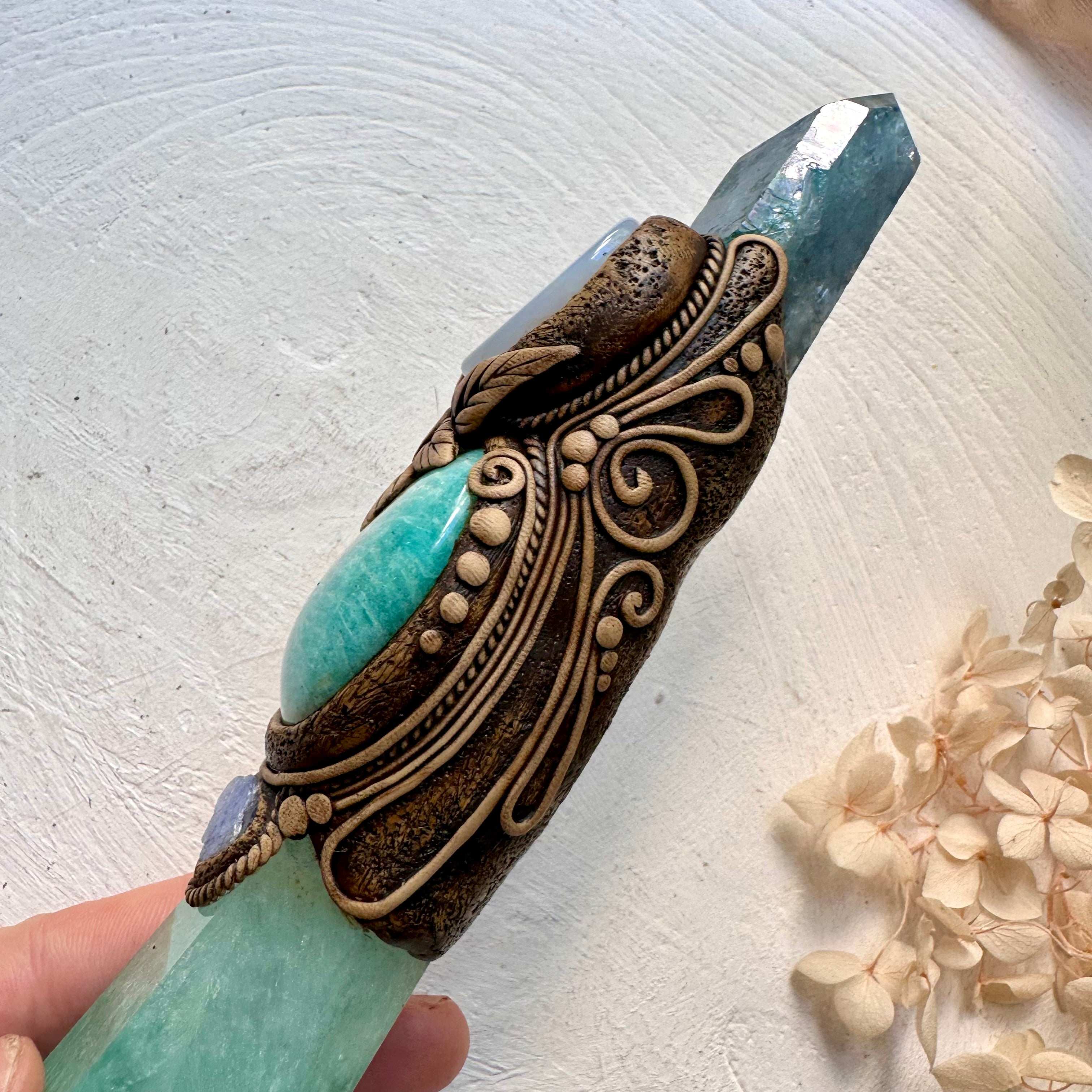 Crystal Wand - Green Fluorite, Aqua Aura Quartz, Amazonite, Blue Chalcedony, Tanzanite and Australian Opal Doublet - FairyGardenGlow