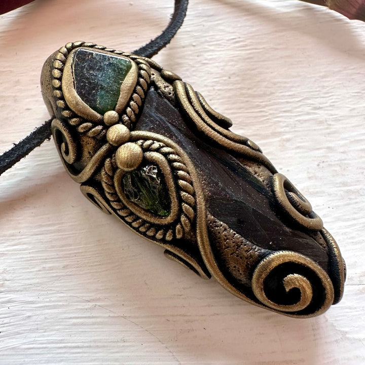 Vivianite Blue-Green Tourmaline and Moldavite Pendant Necklace - FairyGardenGlow