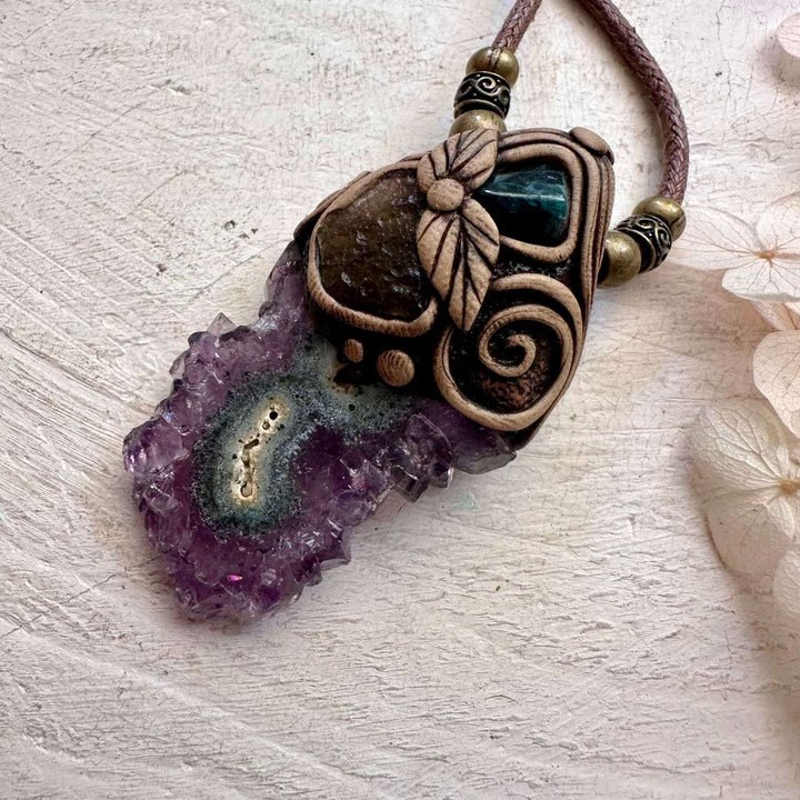 Amethyst Stalactite Blue Tourmaline and Moldavite Pendant - FairyGardenGlow