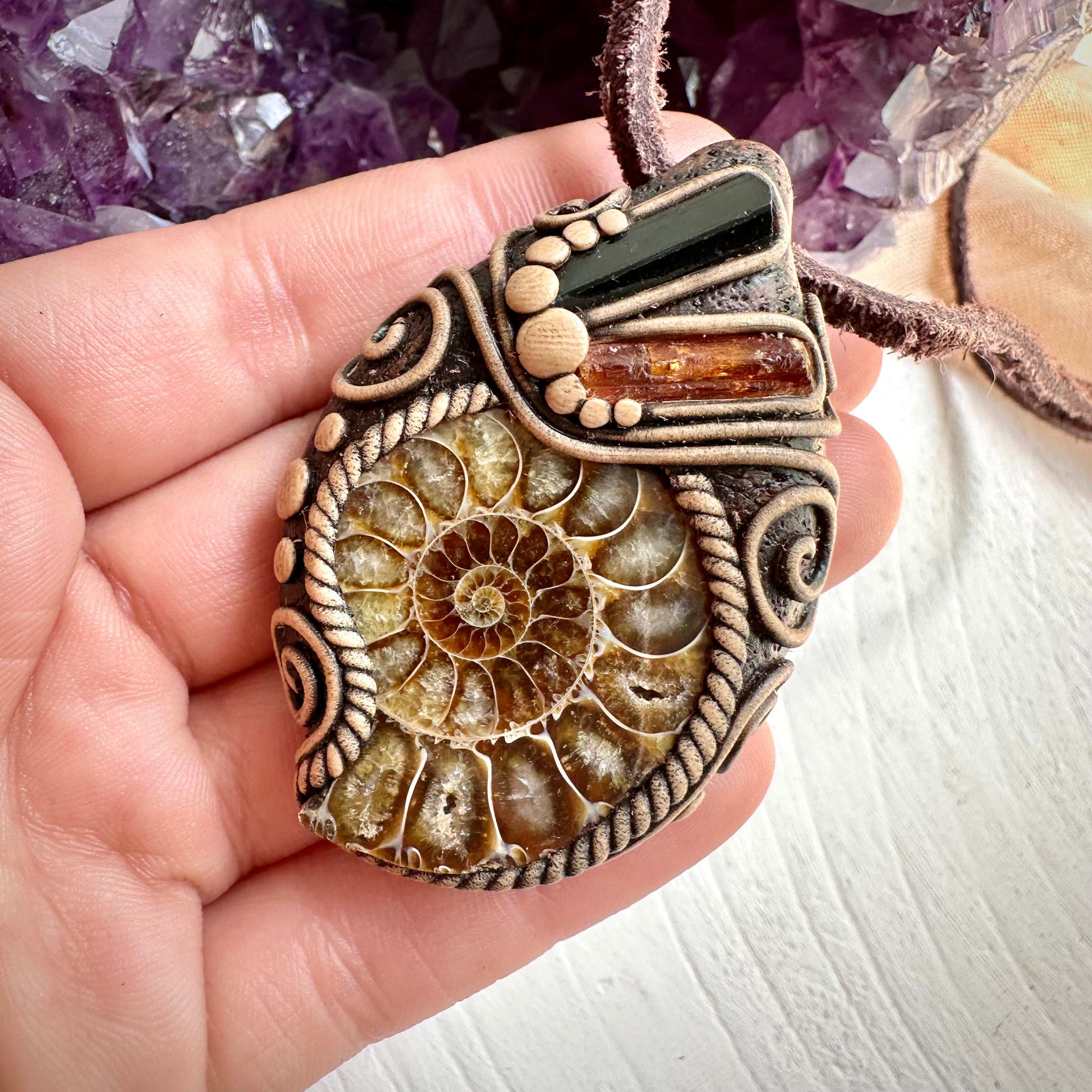 Ammonite Black Tourmaline and Imperial Topaz Pendant Necklace - FairyGardenGlow