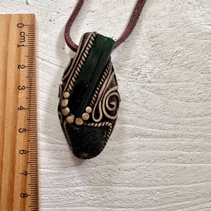 Green Tourmaline and Moldavite Pendant Necklace - FairyGardenGlow