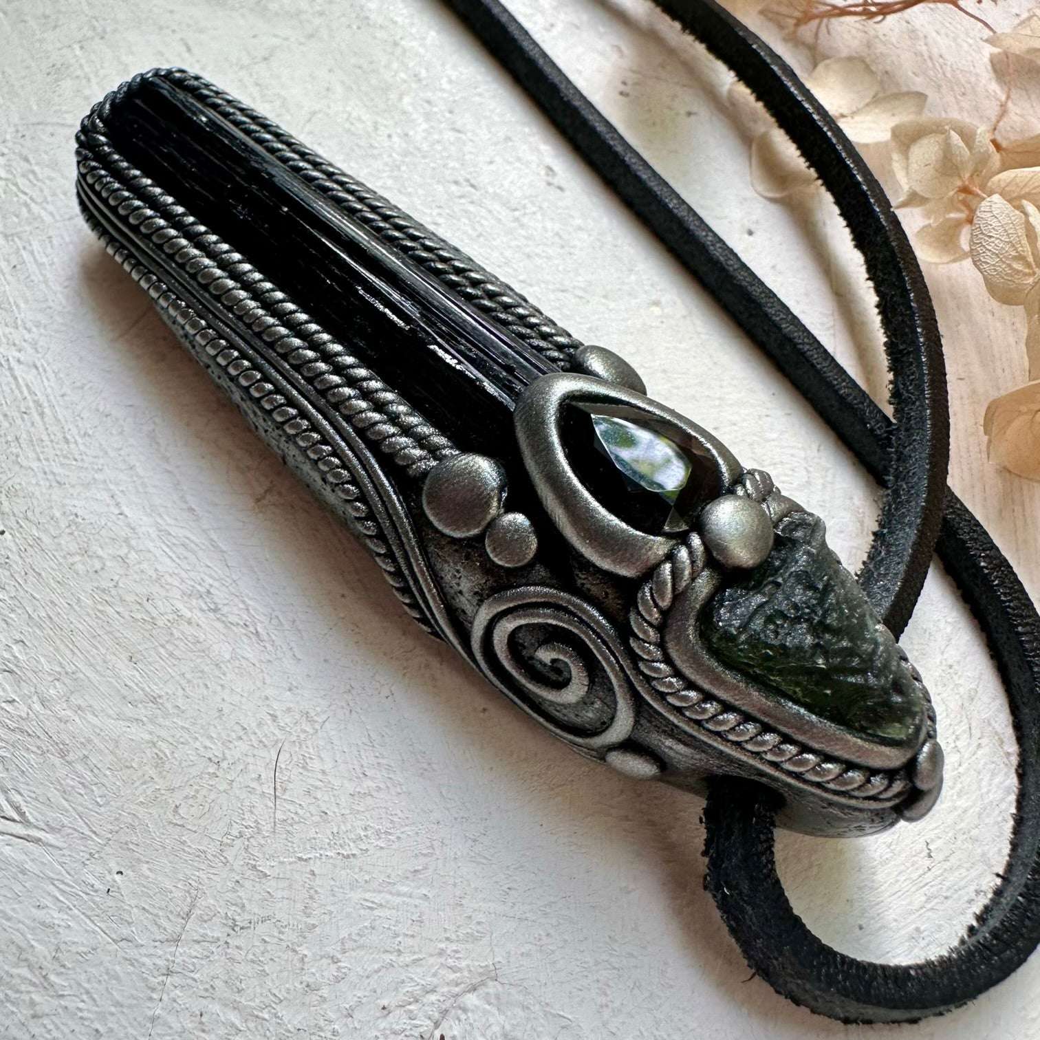 Black Tourmaline Moldavite and Smoky Quartz Wand / Pendant - FairyGardenGlow