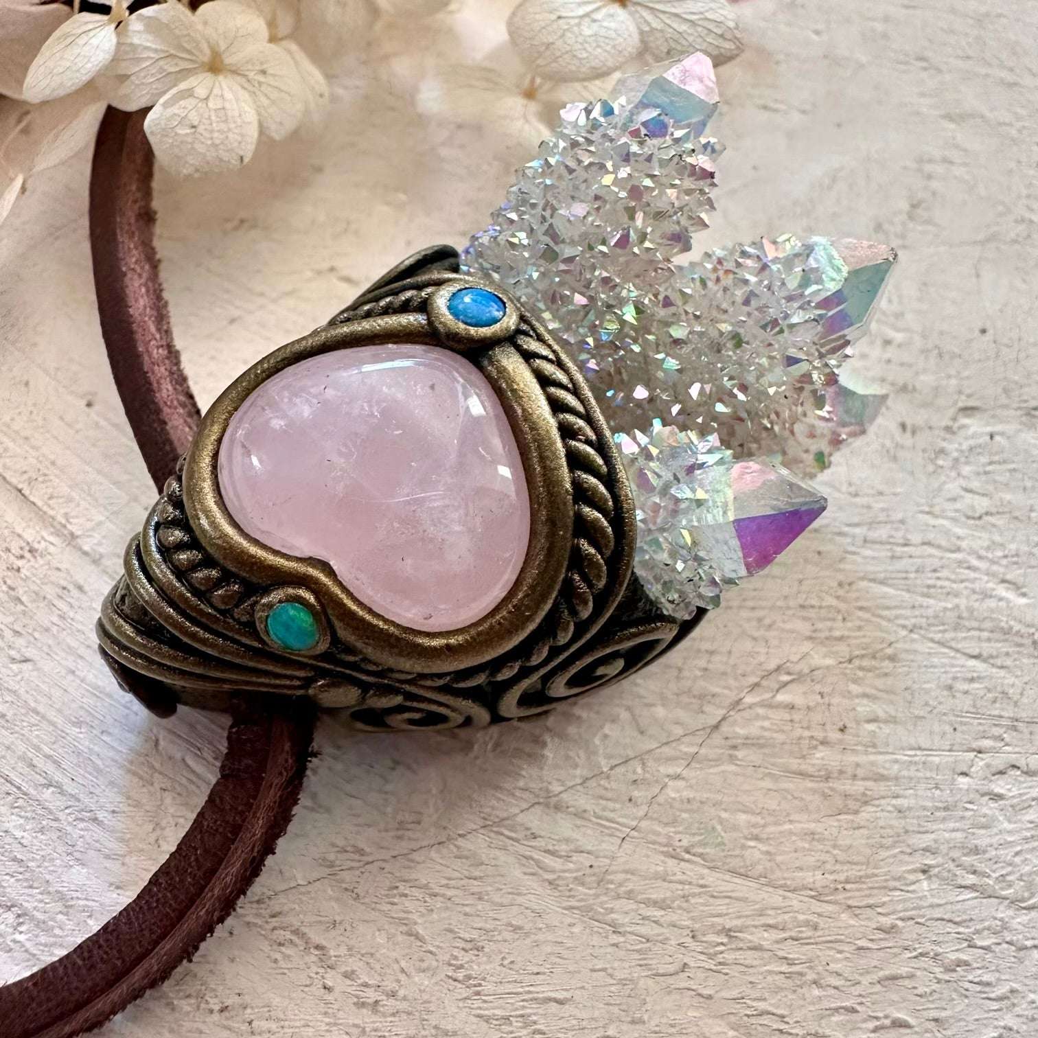 Angel Aura Spirit Quartz Cluster Rose Quartz and Australian Opal Necklace - FairyGardenGlow