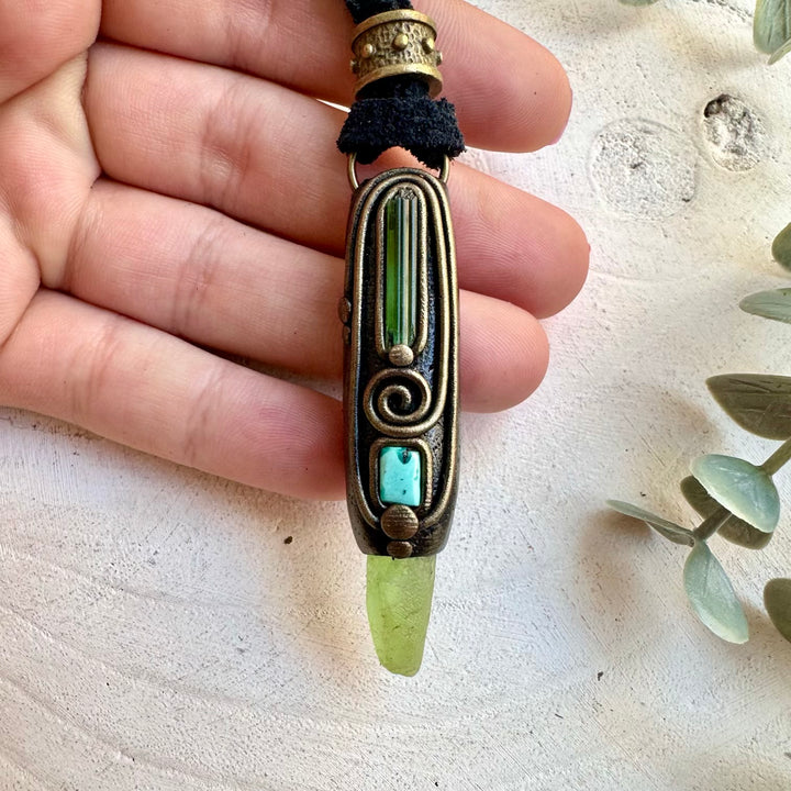 Healing crystal jewelry featuring Peridot, Tourmaline and Tibetan Turquoise