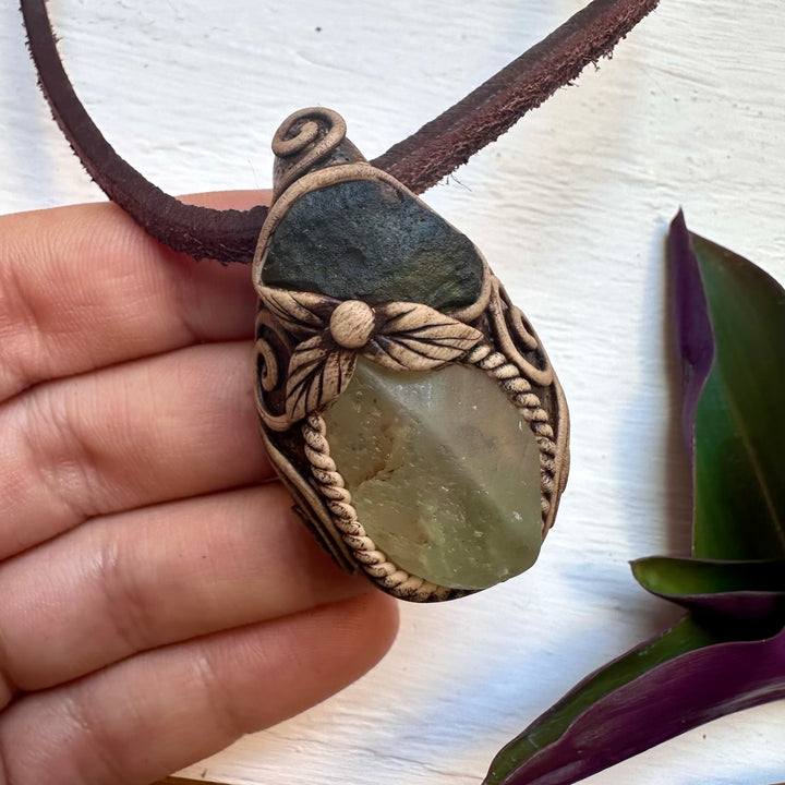 Raw Blue Topaz and Moldavite Necklace - FairyGardenGlow