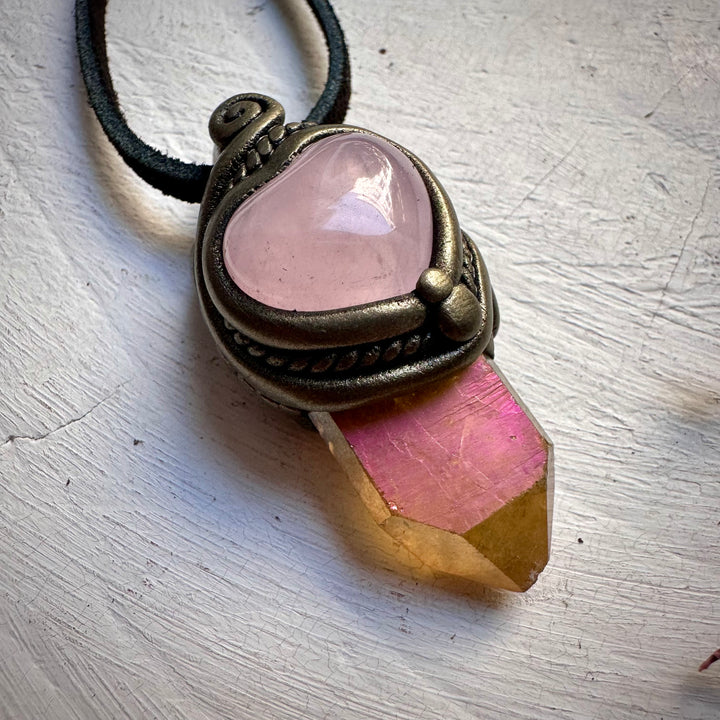 Sunset Aura Quartz and Rose Quartz Heart Necklace - FairyGardenGlow