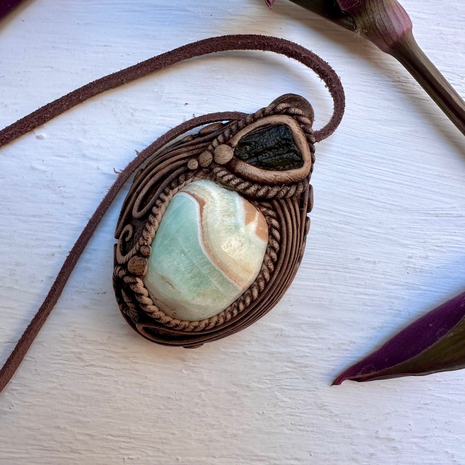 Caribbean Calcite and Moldavite Necklace - FairyGardenGlow