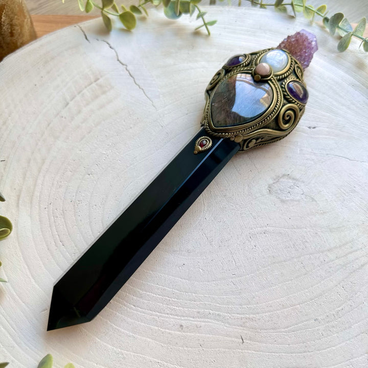 XL handmade healing crystal wand featuring Black Obsidian, Deep Purple Spirit Quartz and Labradorite.