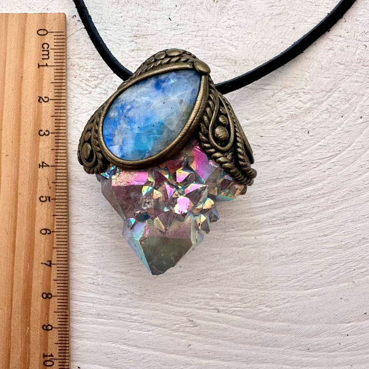 Angel Aura Spirit Quartz and Rainbow Moonstone Pendant - FairyGardenGlow