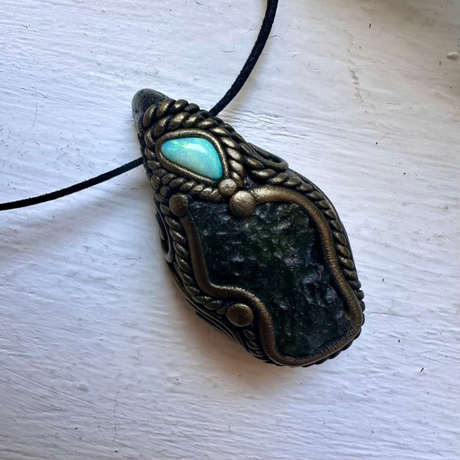 Moldavite and Australian Opal Necklace - FairyGardenGlow