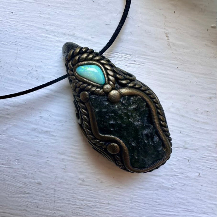 Moldavite and Australian Opal Necklace - FairyGardenGlow