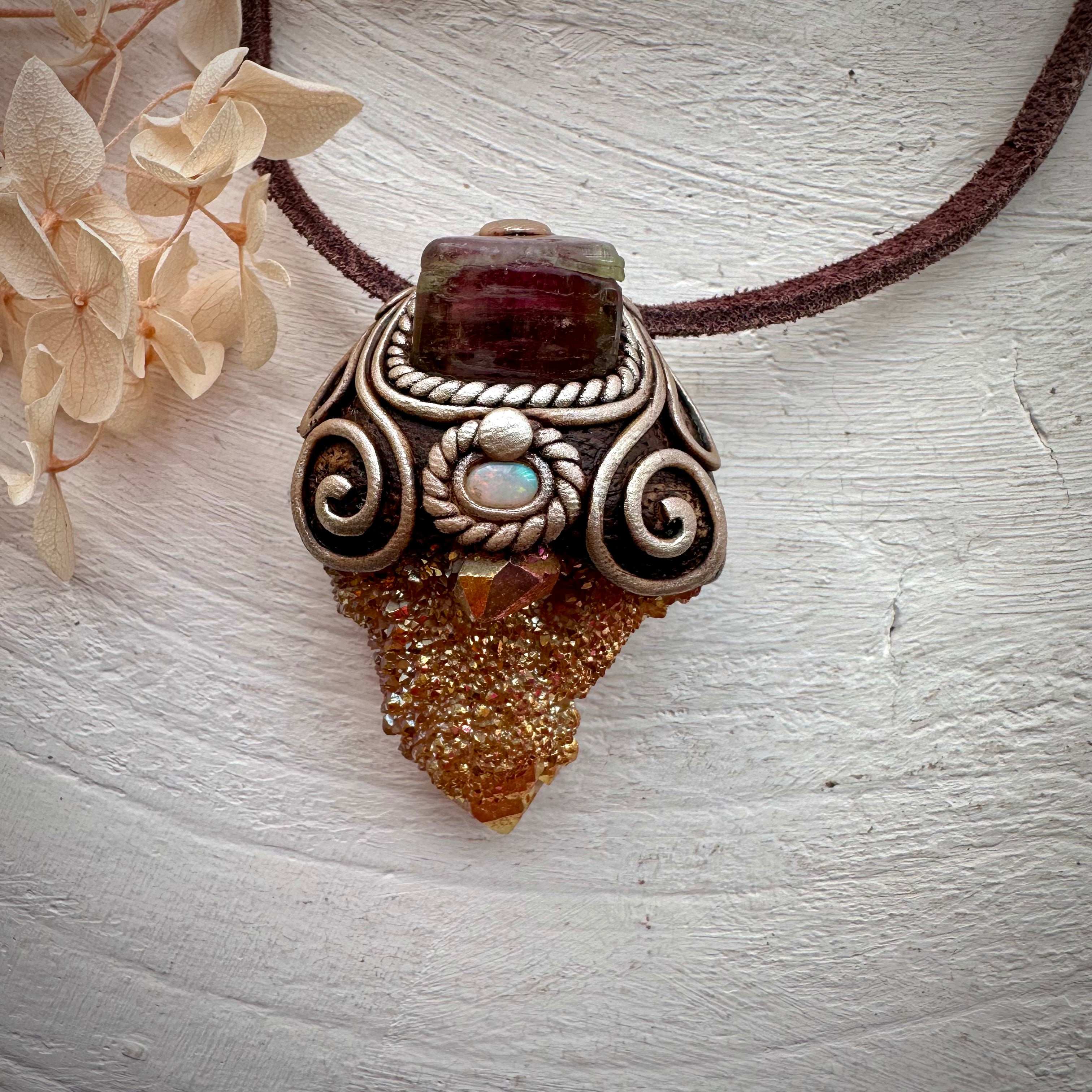 Sunset Aura Spirit Quartz with Bi Color Tourmaline and Australian Opal Necklace - FairyGardenGlow