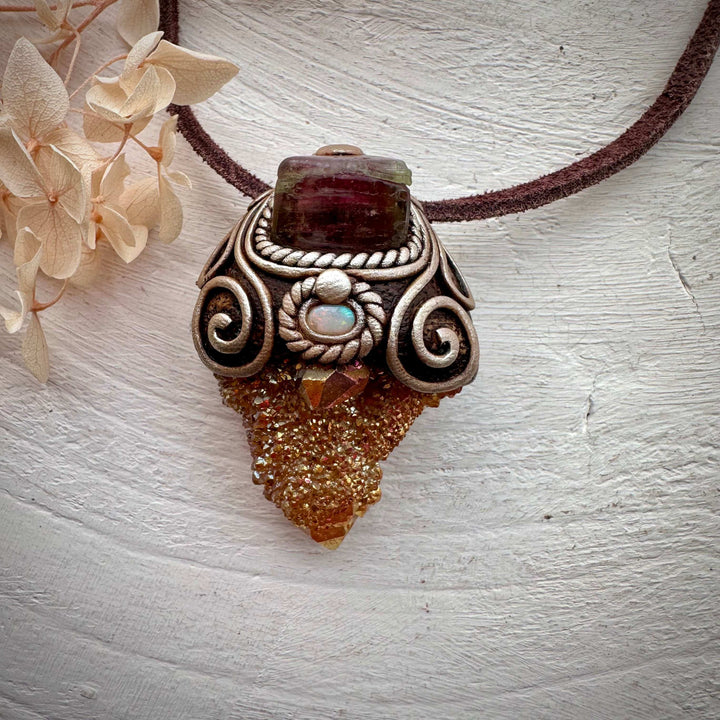 Sunset Aura Spirit Quartz with Bi Color Tourmaline and Australian Opal Necklace - FairyGardenGlow