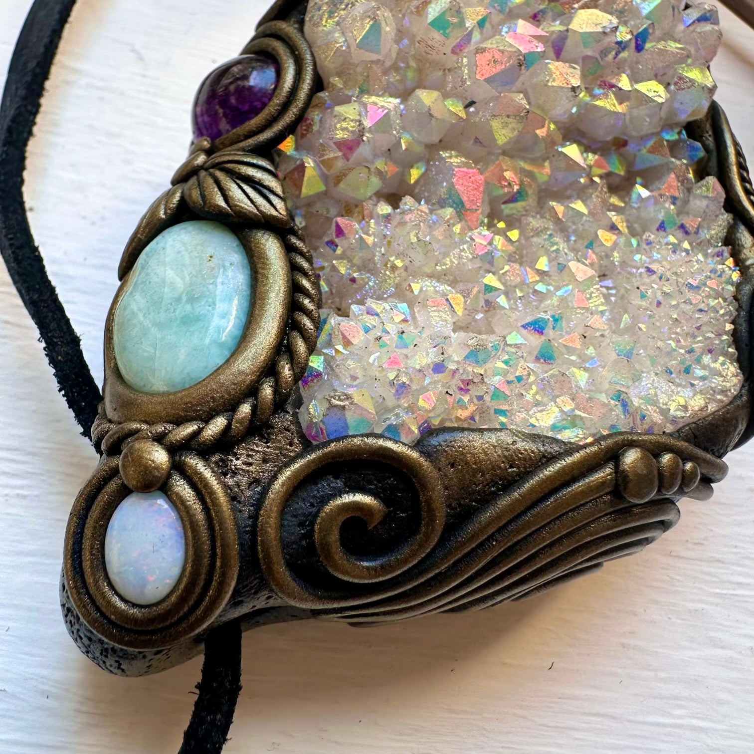 Angel Aura Quartz Cluster Larimar Amethyst Morganite and Australian Opal Wand / Pendant - FairyGardenGlow