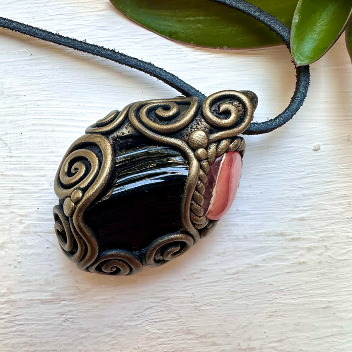 Black Obsidian and Rhodochrosite Necklace - FairyGardenGlow