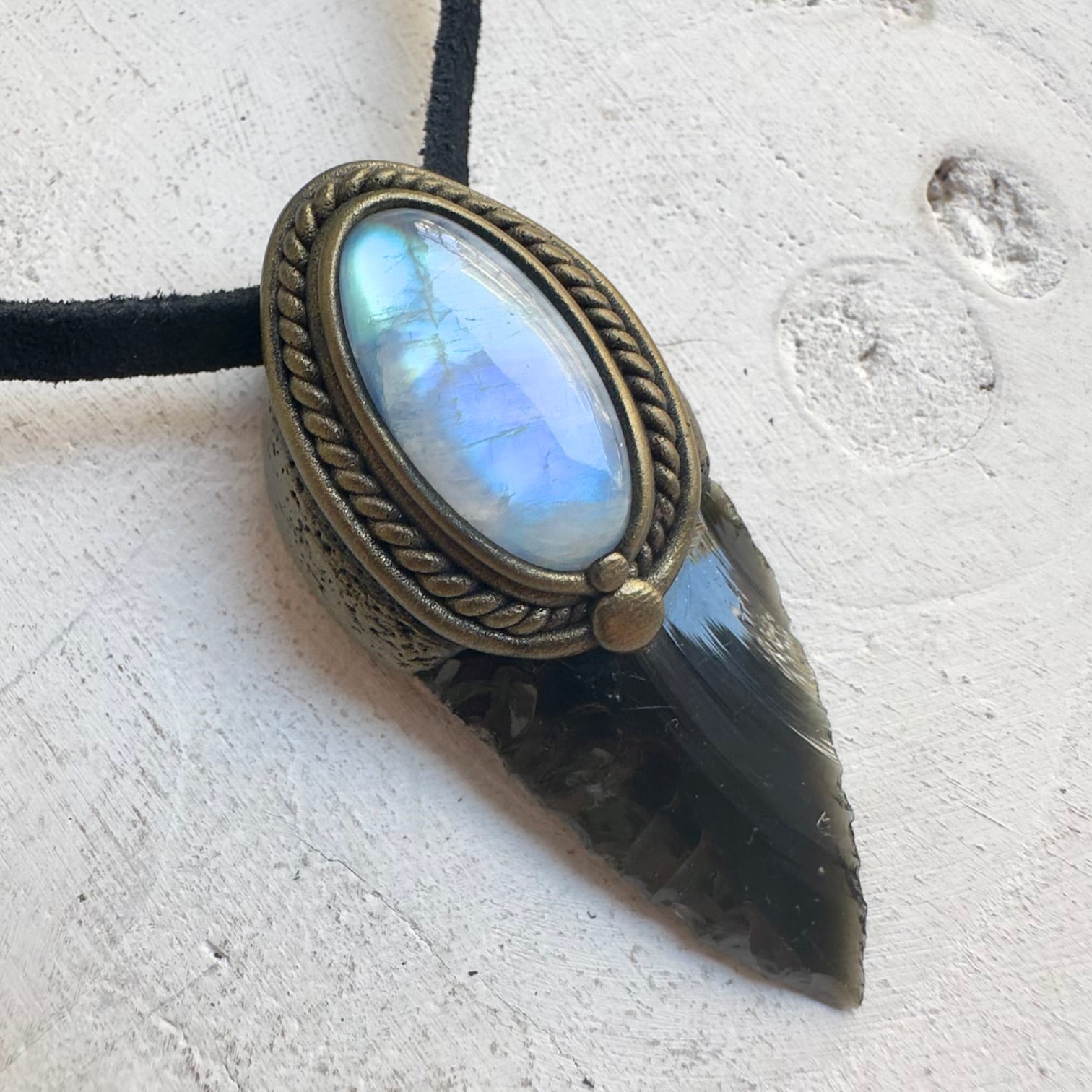 One of a kind Black Obsidian arrowhead and moonstone necklace