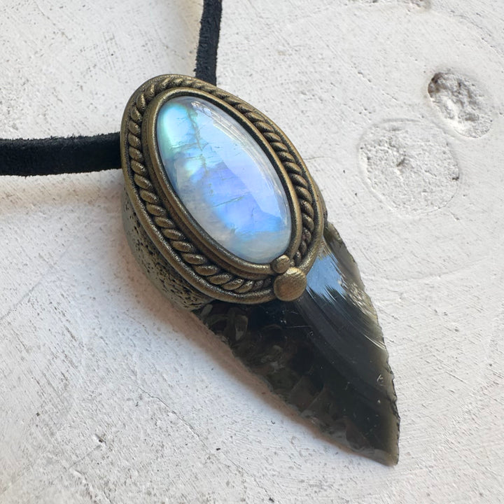 One of a kind Black Obsidian arrowhead and moonstone necklace
