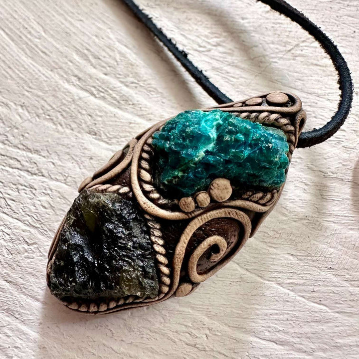Raw Chrysocolla and Moldavite Pendant Necklace - FairyGardenGlow