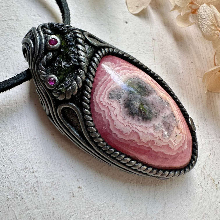 Rhodochrosite Moldavite and Ruby Clay Crystal Necklace - FairyGardenGlow