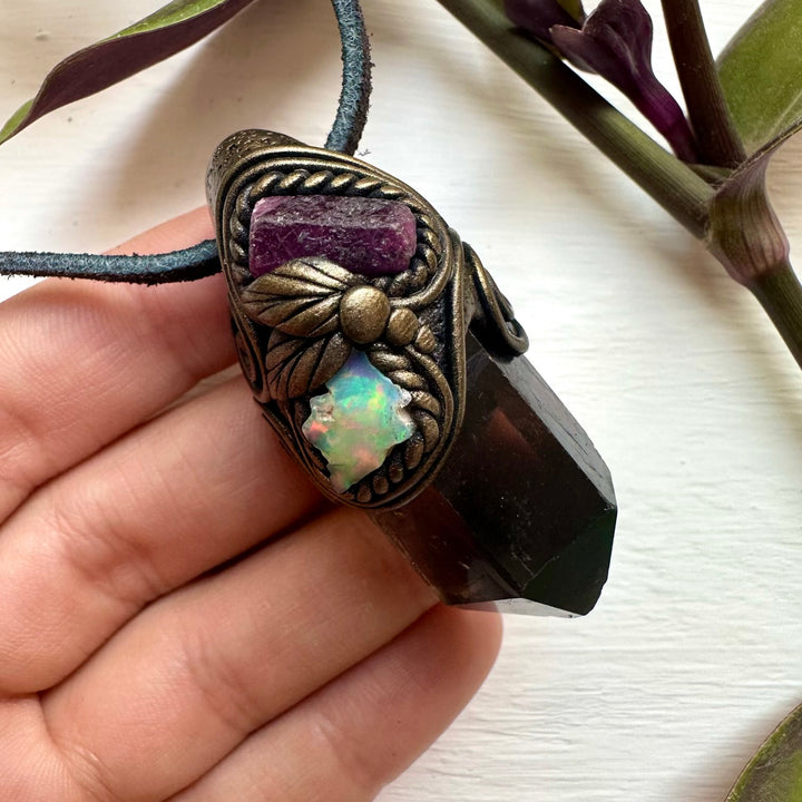 Smoky Quartz Ruby and Raw Opal Necklace - FairyGardenGlow