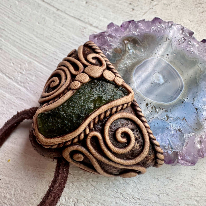 Amethyst Stalactite and Moldavite Pendant Necklace - FairyGardenGlow