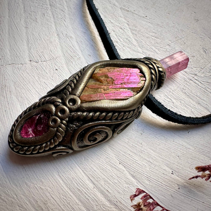 Sunset Aura Kunzite with Pink Tourmaline and Rhodonite Necklace - FairyGardenGlow