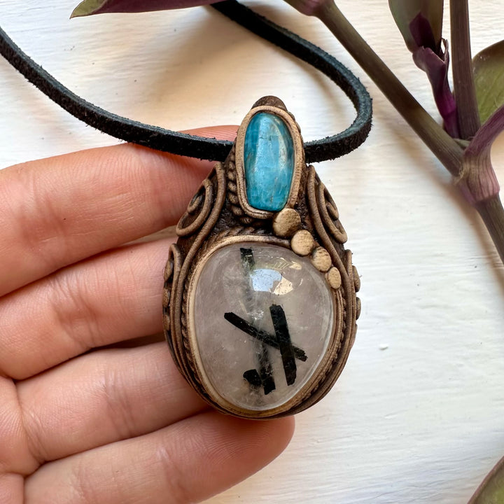 Tourmaline in Quartz and Blue Apatite Necklace - FairyGardenGlow