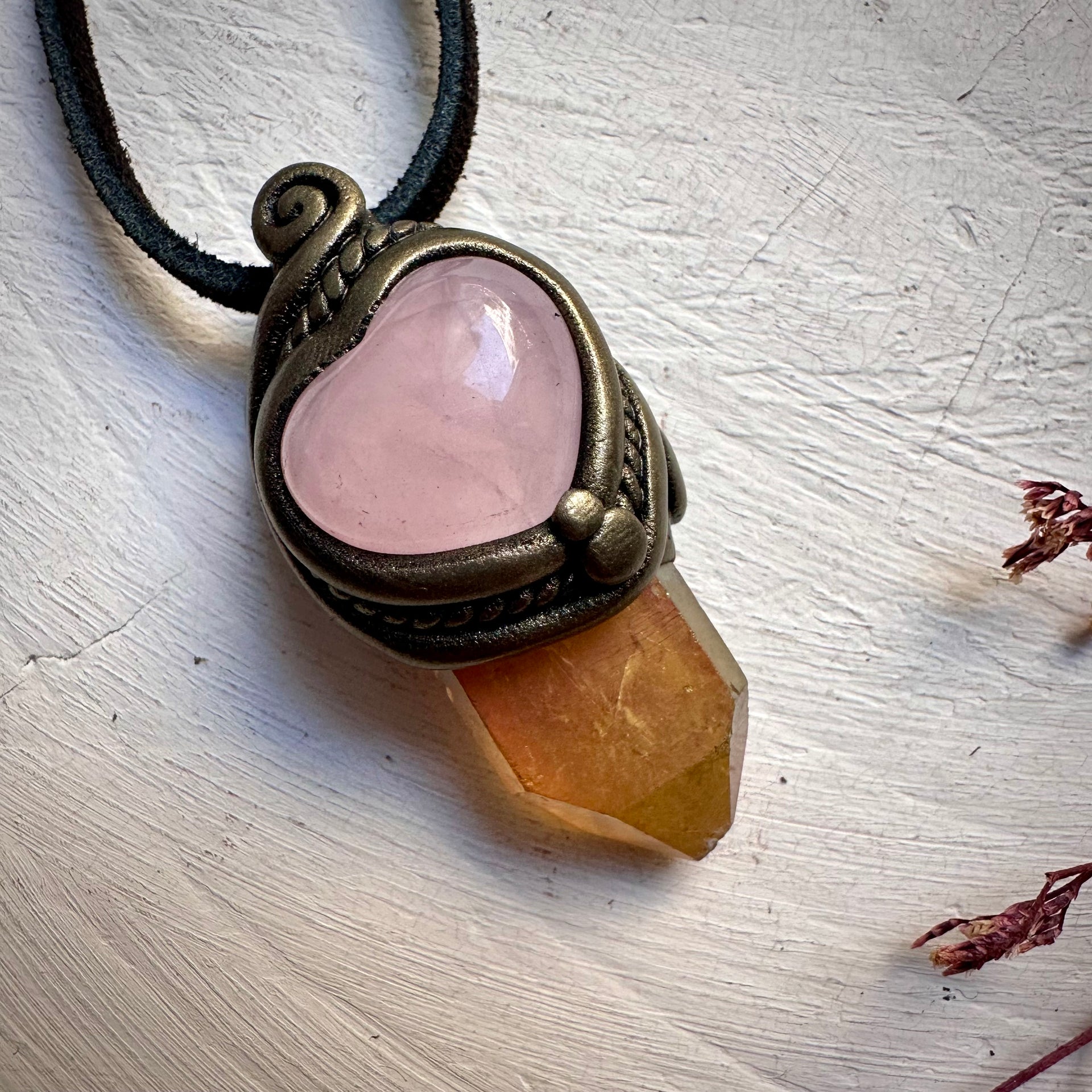 Sunset Aura Quartz and Rose Quartz Heart Necklace
