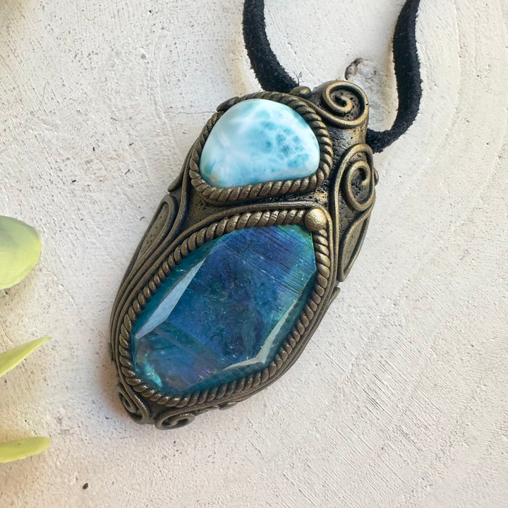 Larimar pendant necklace with Aqua Aura Quartz crystal accent