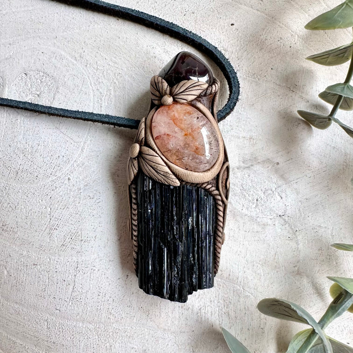 Black Tourmaline with Red Garnet and Hematite Quartz Pendant Necklace