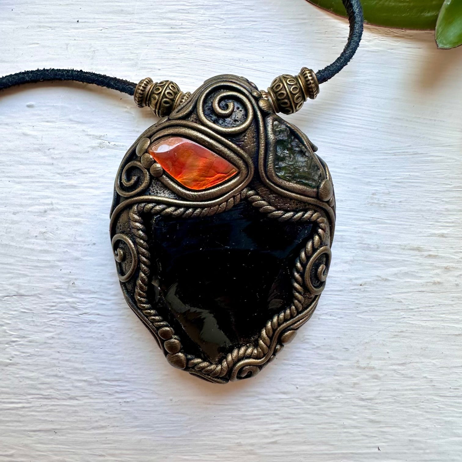 Black Obsidian Ammolite and Moldavite Necklace - FairyGardenGlow