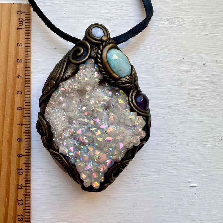 Angel Aura Quartz Cluster Larimar Amethyst Morganite and Australian Opal Wand / Pendant - FairyGardenGlow