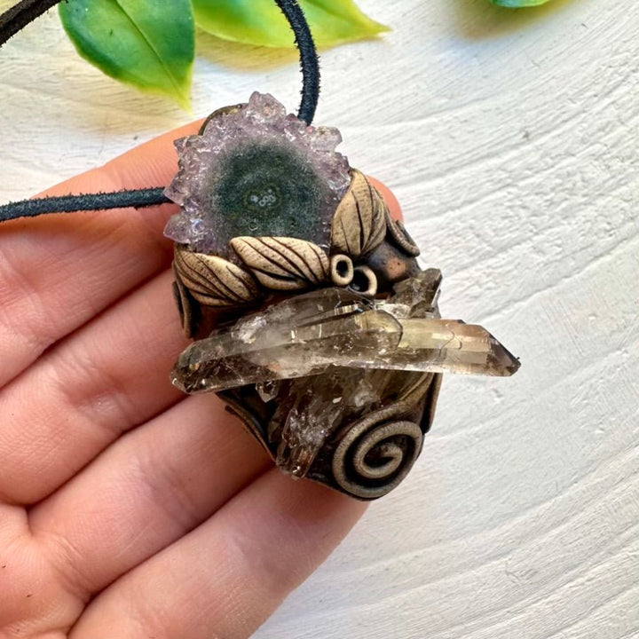 Smoky Quartz Cluster and Amethyst Stalactite Pendant Necklace, Handmade Clay Pendant FairyGardenGlow
