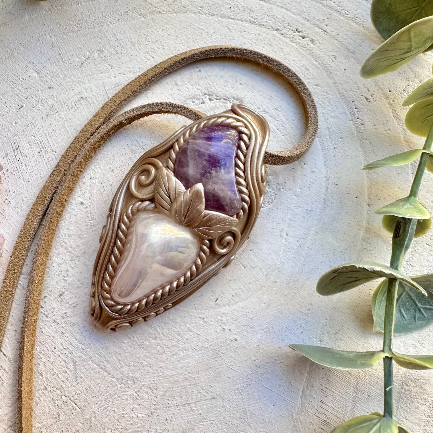Angel Aura Rose Quartz and Amethyst Moon Necklace
