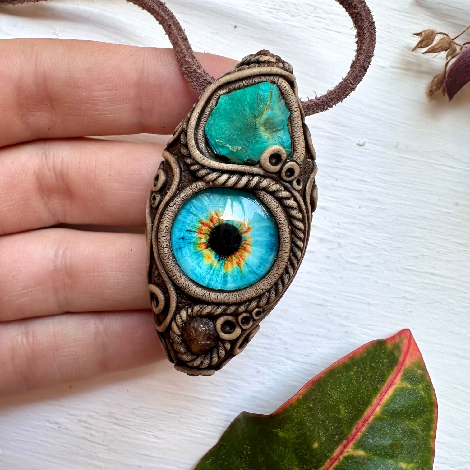 Raw Chrysocolla and Hessonite Garnet Eye Necklace - FairyGardenGlow