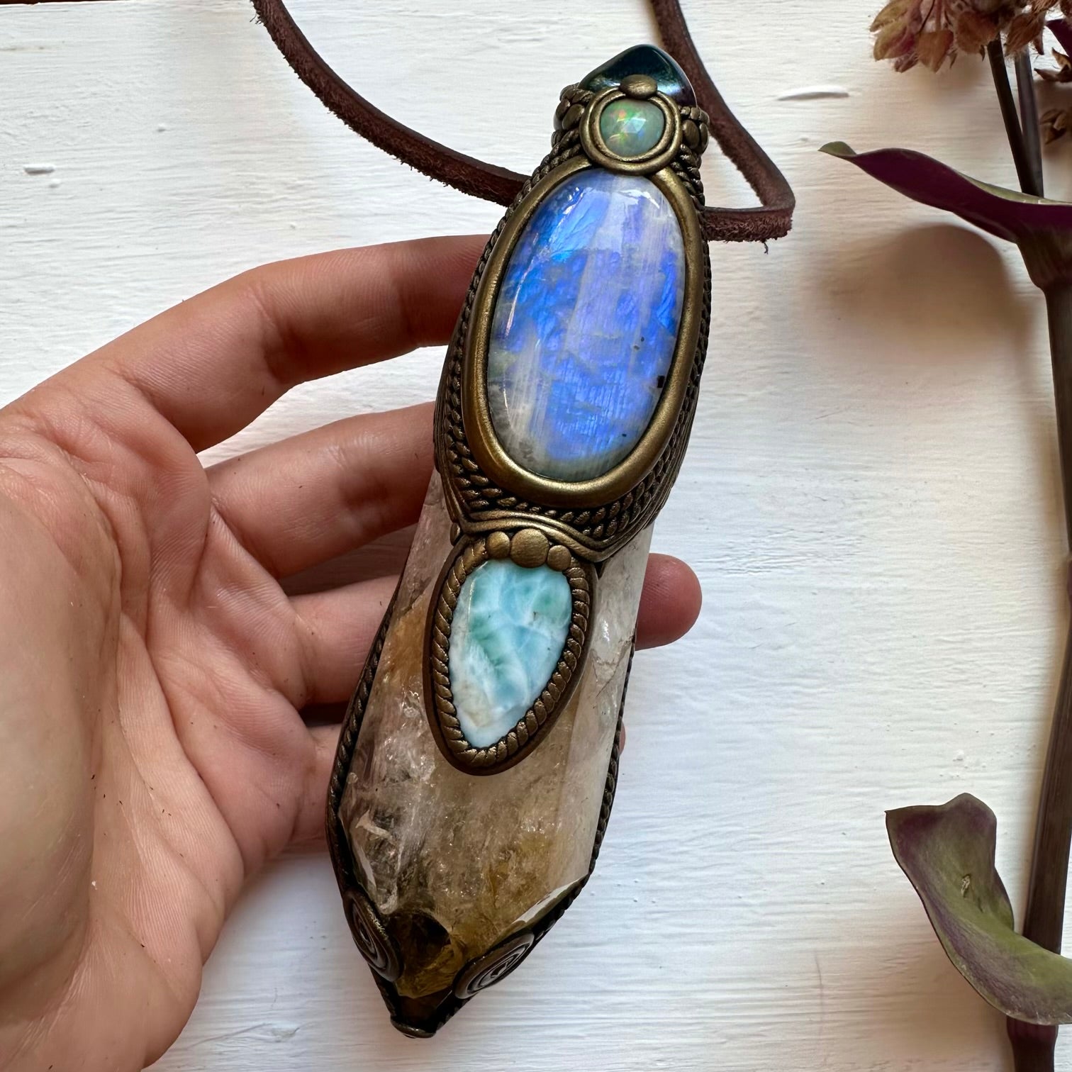 Citrine Moonstone Opal Larimar Aqua Aura Quartz and Blue Sapphire Crystal Wand / Pendant - FairyGardenGlow