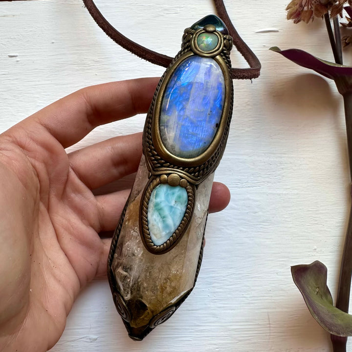 Citrine Moonstone Opal Larimar Aqua Aura Quartz and Blue Sapphire Crystal Wand / Pendant - FairyGardenGlow