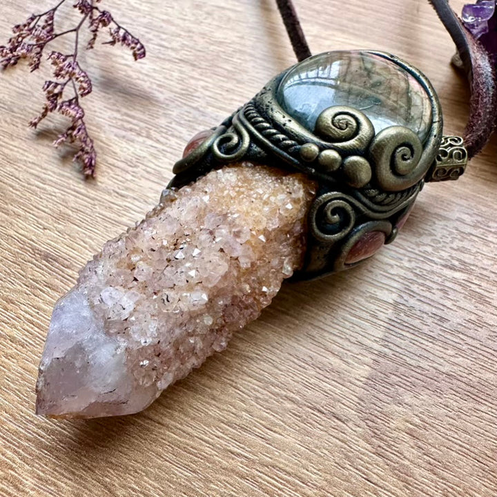 Spirit Quartz Purple Labradorite Sunstone and Rhodochrosite Healing Crystal Talisman / Handmade Crystal Wand-Pendant - FairyGardenGlow