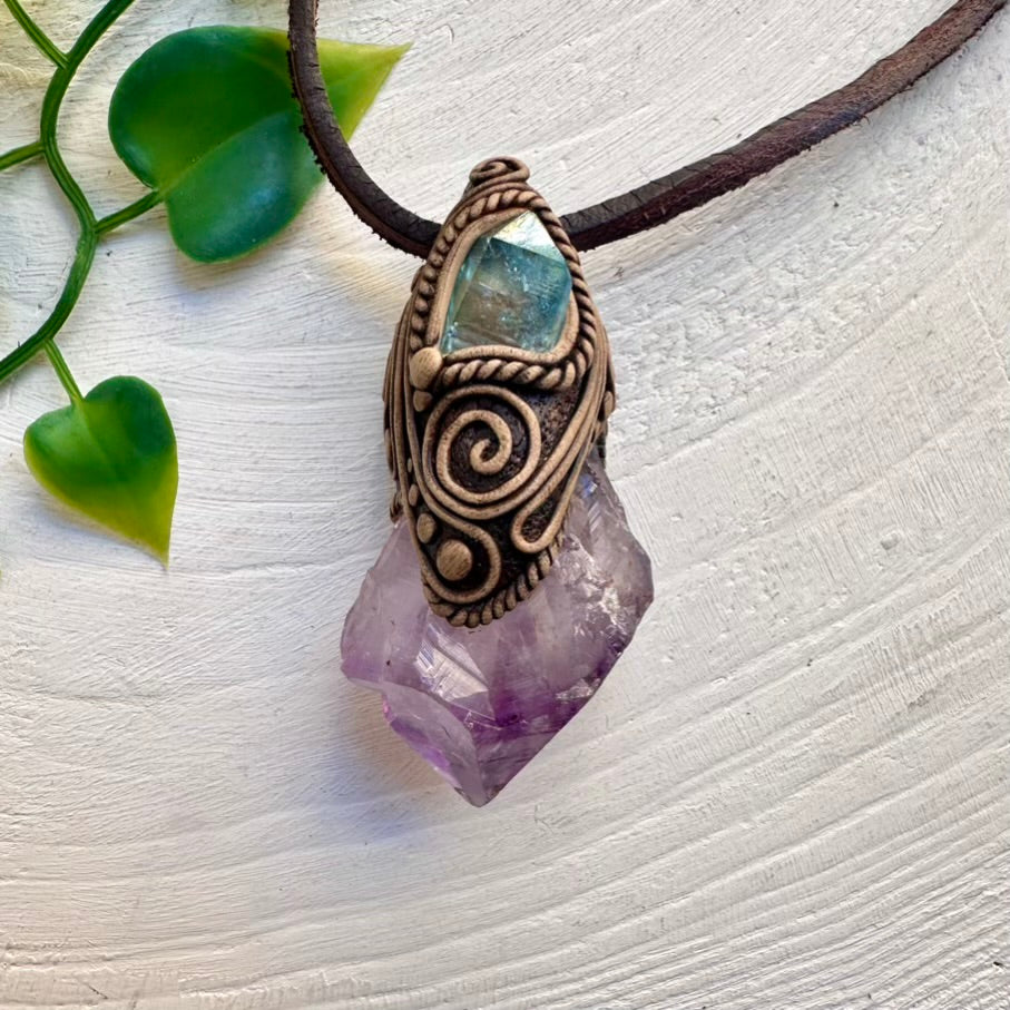 Boho crystal necklace – raw Amethyst with Aqua Aura Quartz