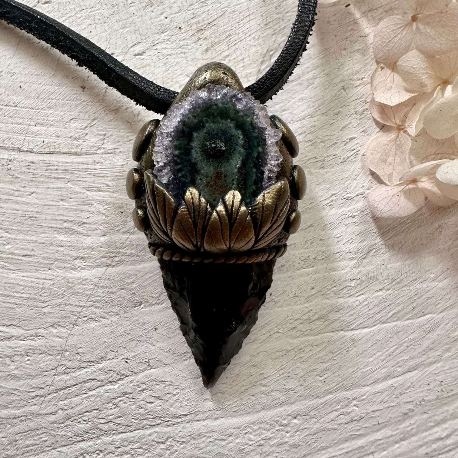 Black Obsidian Arrowhead and Amethyst Stalactite Necklace - FairyGardenGlow