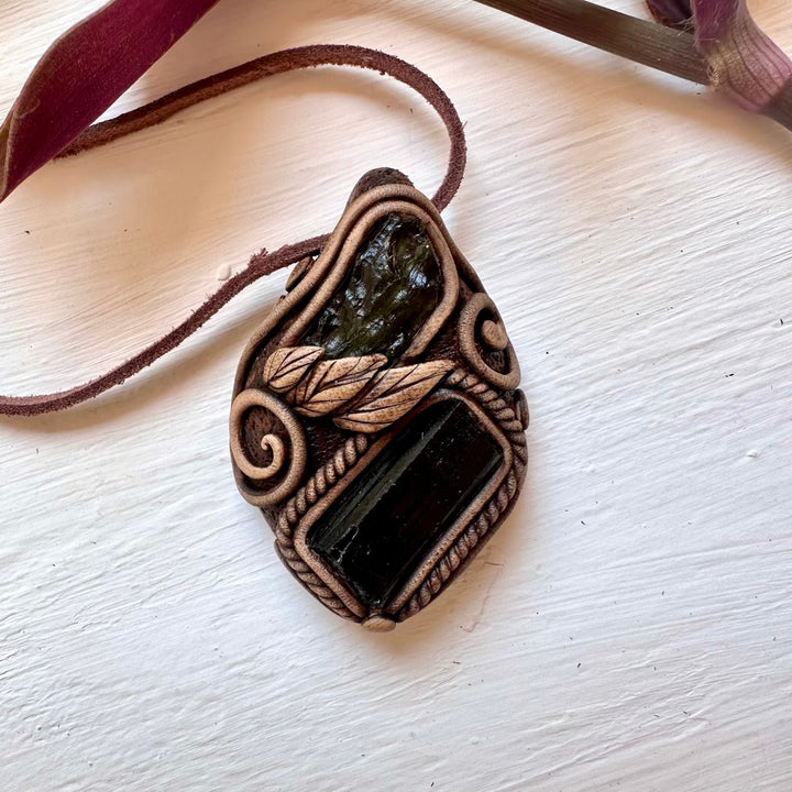 Black Tourmaline and Moldavite Necklace - FairyGardenGlow