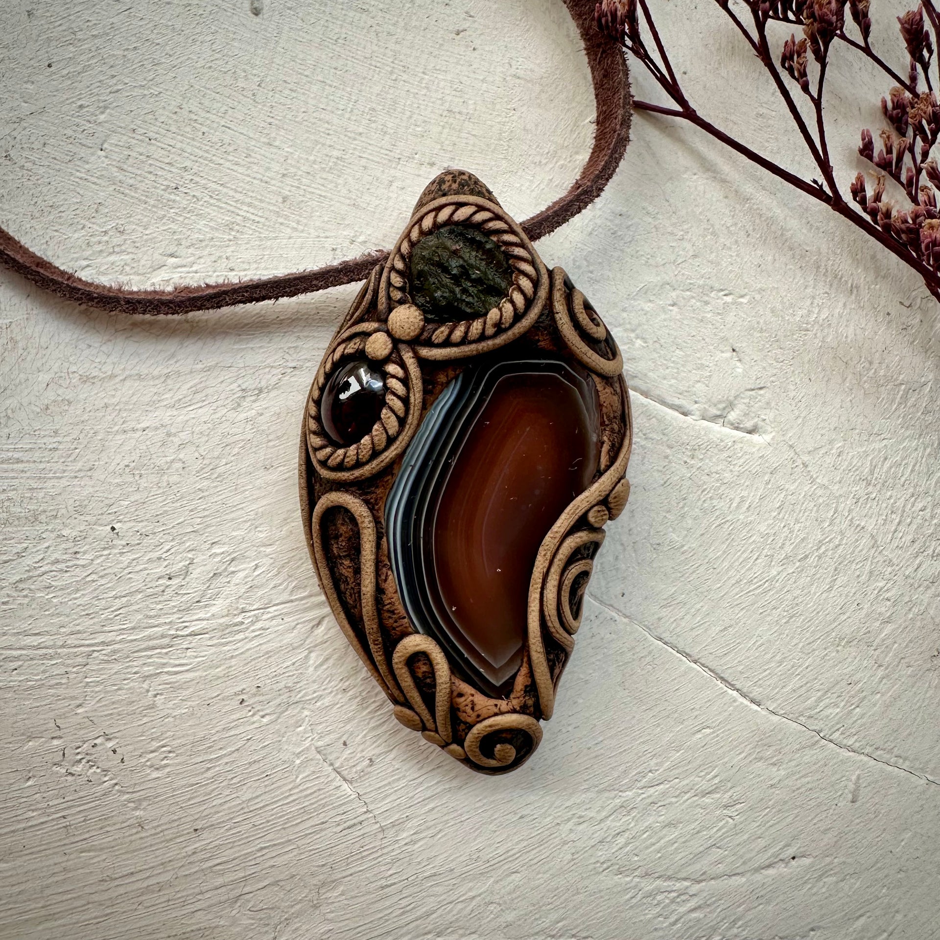 Botswana Agate Red Garnet and Moldavite Pendant Necklace - FairyGardenGlow